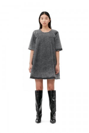 Grey Women's Ganni Snow Washed Denim A-line Mini Dress | 98EKCAVNW