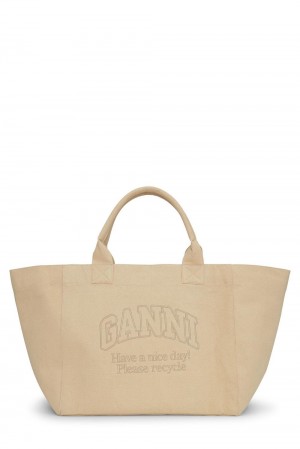 Khaki Women's Ganni Cream Oversized Canvas Tote Bag | 89KJDTFOB