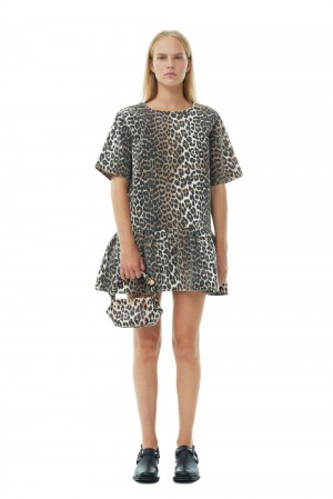 Leopard Women's Ganni Open-back Mini Denim Dress | 03KUPGCVR