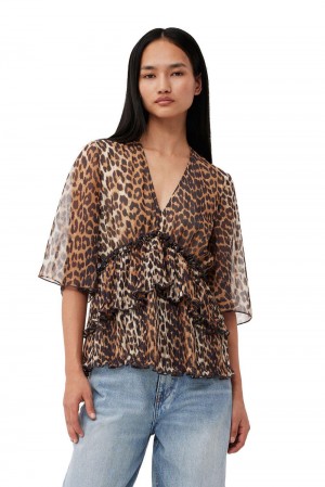 Leopard Women's Ganni Pleated Georgette V-neck Flounce Blouse | 45FWXLGAJ