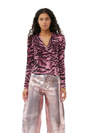 Pink Women's Ganni Animal Printed Crinkled Satin V-neck Blouse | 68XIQCGOD