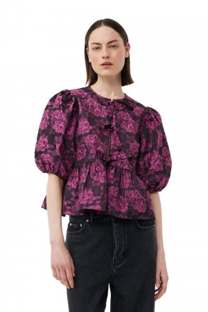 Pink Women's Ganni Botanical Jacquard Peplum Blouse | 71IEGQKWU