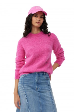 Pink Women's Ganni Brushed Alpaca O-Neck Sweater | 14QREAJPX