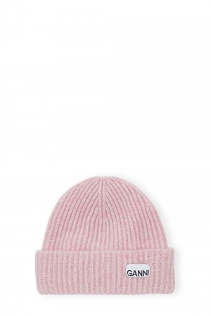 Pink Women's Ganni Oversized Wool Rib Knit Beanie | 39QGZNEUR