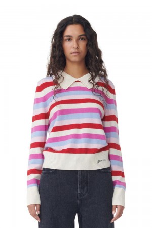 Pink Women's Ganni Striped Collar Cardigan | 49MJOHDXR