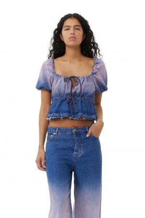 Purple Women's Ganni Bleach Future Denim Puff Sleeve Top | 97USFGBAJ