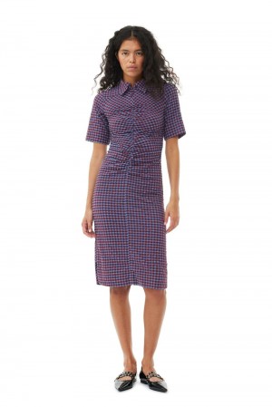 Purple Women's Ganni Checkered Stretch Seersucker Fitted Dress | 09XFPMUNY