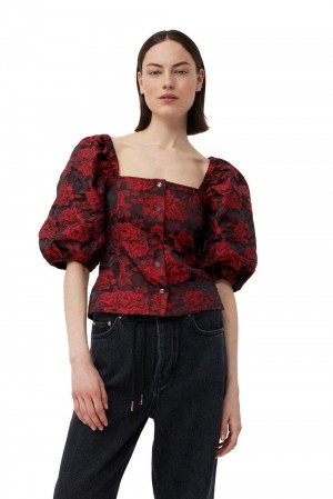 Red Women's Ganni Botanical Jacquard Fitted Blouse | 45JQCIZGE