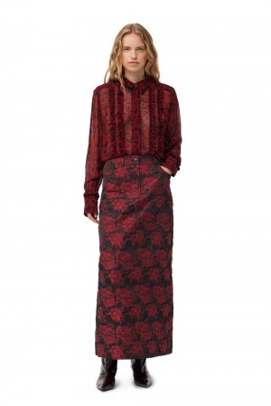 Red Women's Ganni Botanical Jacquard Long Skirt | 45QYXPODE