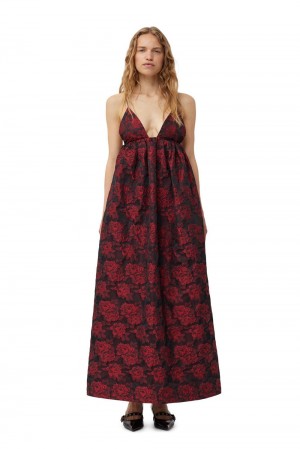 Red Women's Ganni Botanical Jacquard Long Strap Dress | 05XSMHBNF