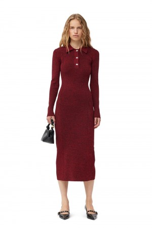 Red Women's Ganni Melange Rib Polo Dress | 81FBNVAJL