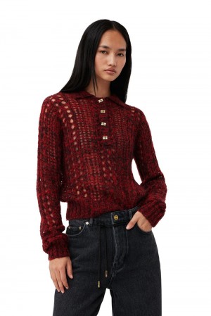 Red Women's Ganni Mohair Lace Polo Sweater | 09RCAHYJG