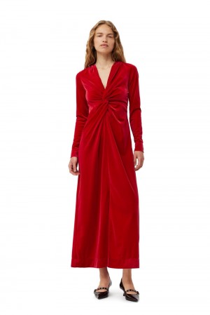 Red Women's Ganni Velvet Jersey Twist Long Dress | 23PJMAVQC