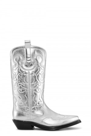 Silver Women's Ganni Silver Mid Shaft Embroidered Western Boots | 16WXLJQKB