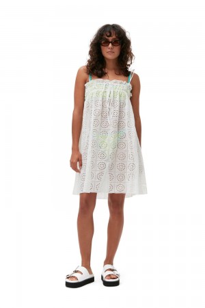 White Women's Ganni Broderie Anglaise Strap Dress | 29UGOMHXV