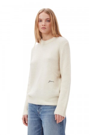 White Women's Ganni Brushed Alpaca O-Neck Sweater | 89XOWMUQK