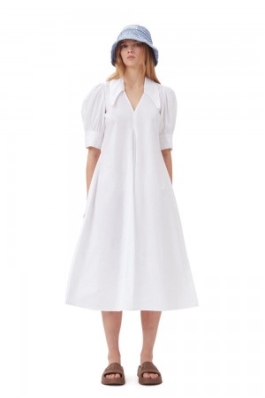 White Women's Ganni Cotton Poplin Collar Midi Dress | 81NVIMYPC