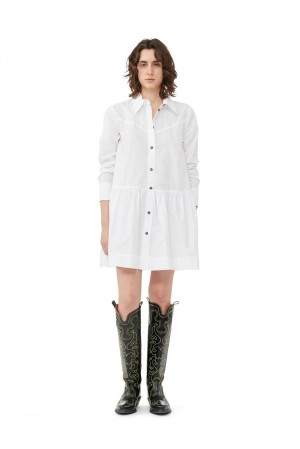 White Women's Ganni Cotton Poplin Mini Shirt Dress | 10BSCVJKW