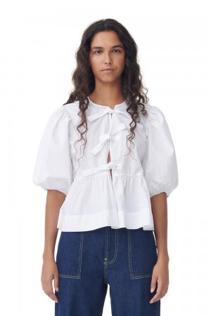 White Women's Ganni Cotton Poplin Peplum Tie Blouse | 38ABYKNZF