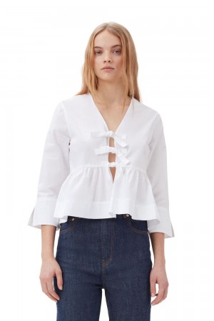 White Women's Ganni Cotton Poplin Tie String Peplum Blouse | 19UWYRNCT