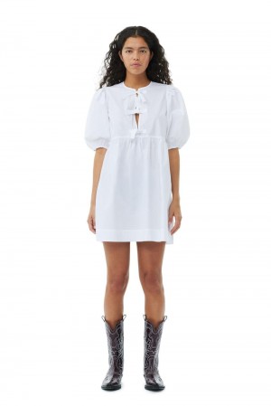 White Women's Ganni Cotton Poplin Tie String Mini Dress | 75CVFDLRG