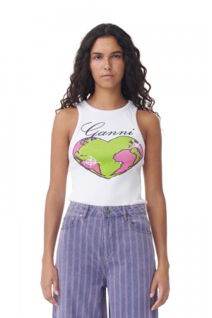 White Women's Ganni Graphic Rib Heart Tank Top | 01SHTIUQO