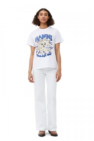 White Women's Ganni Relaxed Fun Bunny T-Shirt | 02POZYDWJ