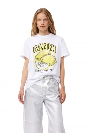 White Women's Ganni Relaxed Lemon T-Shirt | 69WTZKGJV