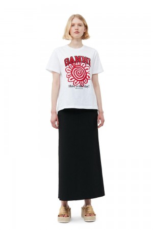 White Women's Ganni Relaxed Red Flower T-Shirt | 73YLFOTSN