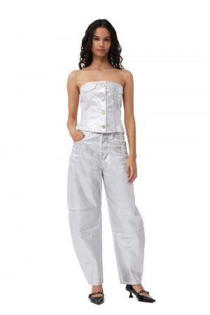 White Women's Ganni Silver Foil Stary Jeans | 38QVBWEGO