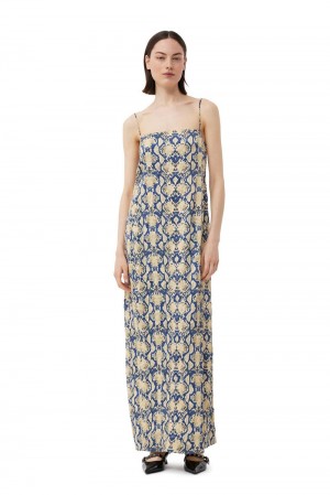 Yellow Women's Ganni Snake Printed Crinkled Satin Midi Slip Dress | 45THVRIED