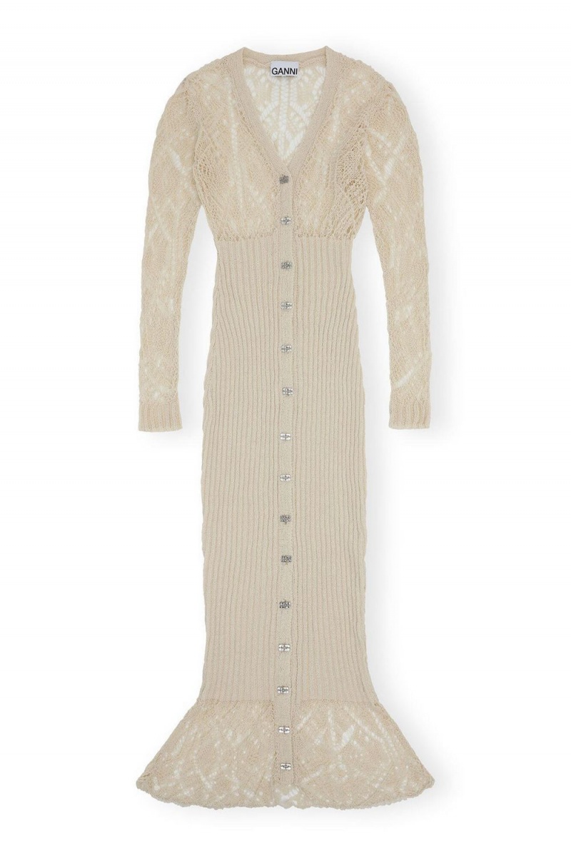 Beige Women's Ganni Cotton Lace Button Down Maxi Dress | 10RNKWQBX