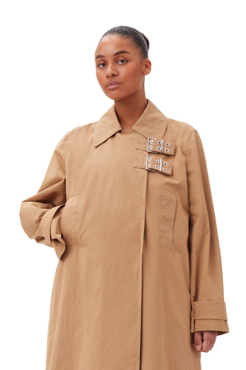 Beige Women's Ganni Cotton Twill Buckle Coat | 41SULHQOV