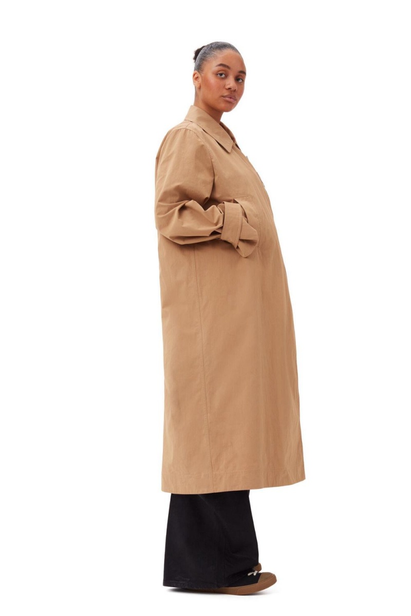 Beige Women's Ganni Cotton Twill Buckle Coat | 41SULHQOV