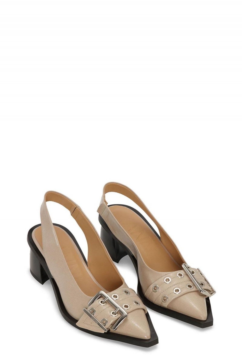 Beige Women's Ganni Feminine Buckle Slingback Pumps | 07IQETHWS