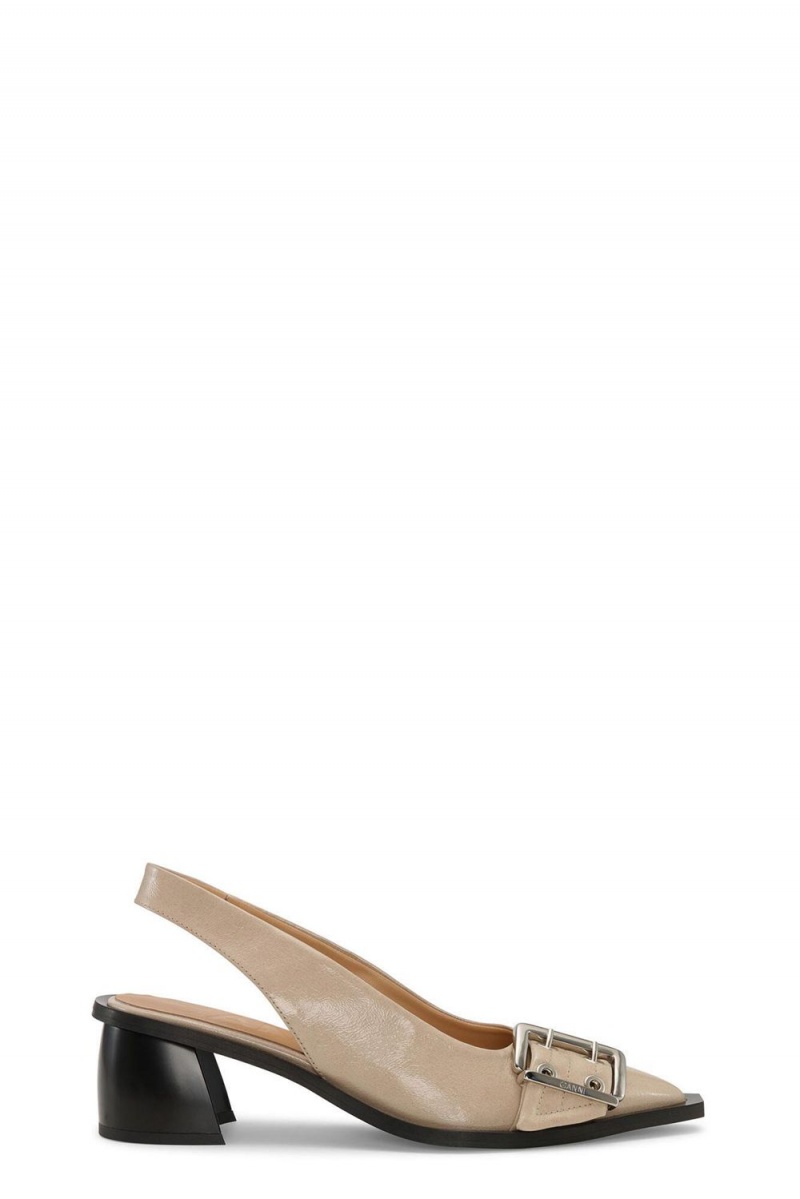 Beige Women\'s Ganni Feminine Buckle Slingback Pumps | 07IQETHWS