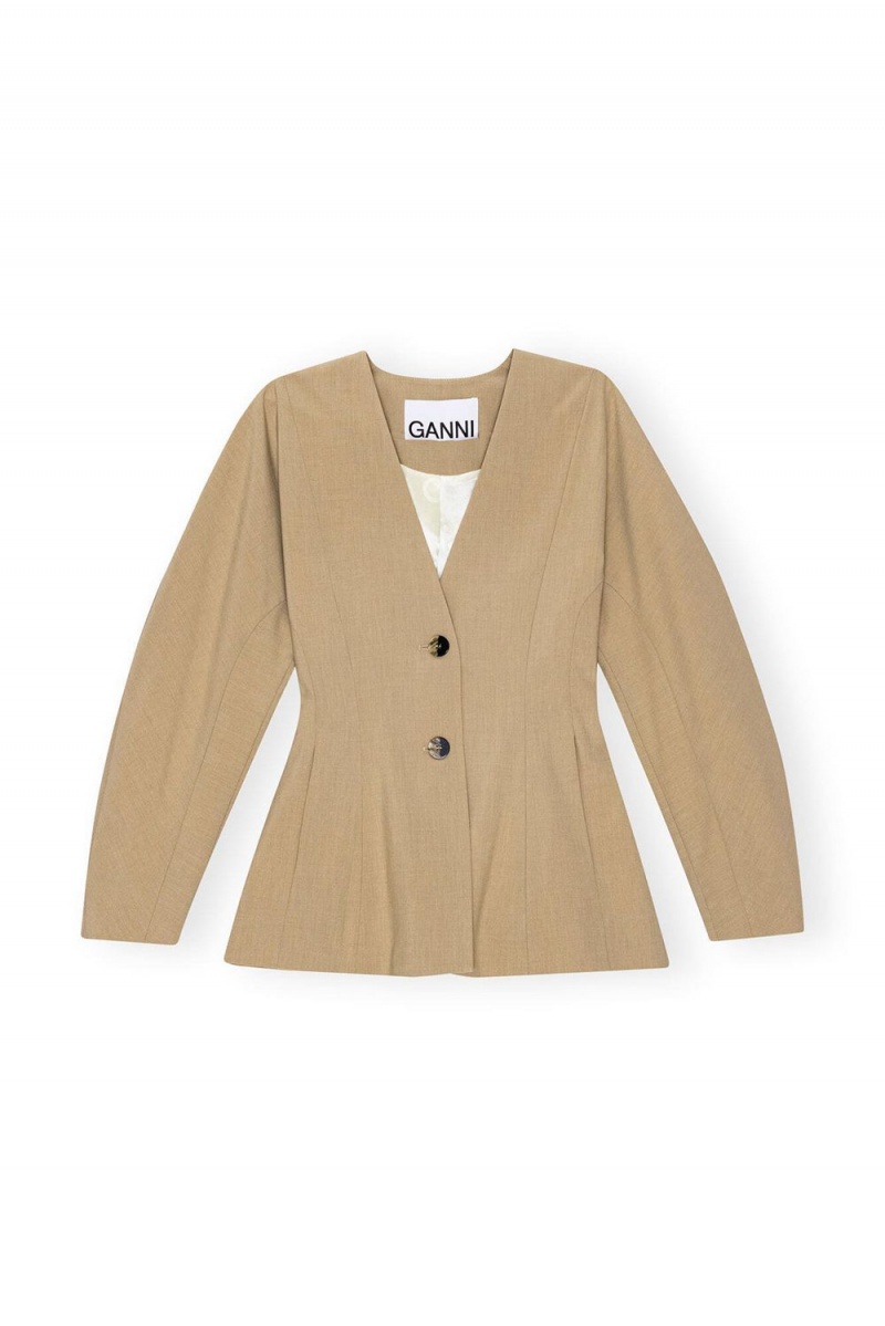 Beige Women's Ganni Fitted Drapey Melange Blazer | 96XSZRLTV