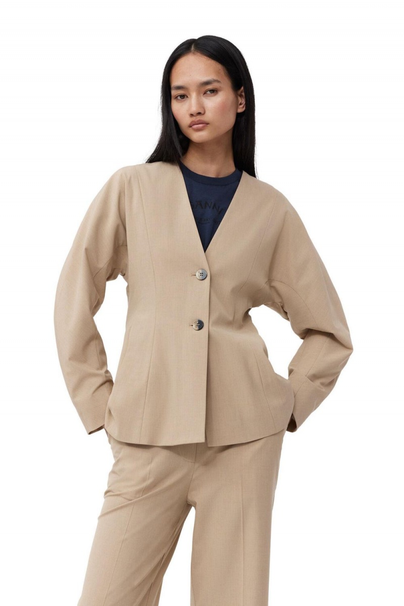 Beige Women\'s Ganni Fitted Drapey Melange Blazer | 96XSZRLTV