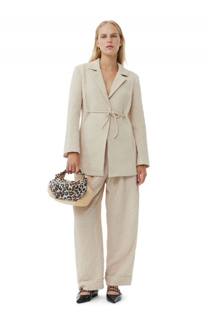 Beige Women's Ganni Textured Suiting Tie String Blazer | 64JTYMPWS