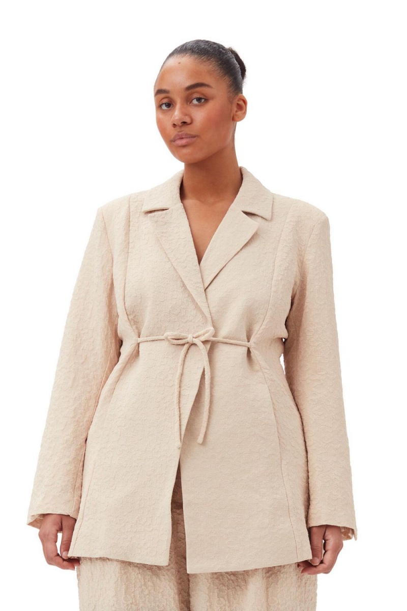 Beige Women's Ganni Textured Suiting Tie String Blazer | 64JTYMPWS