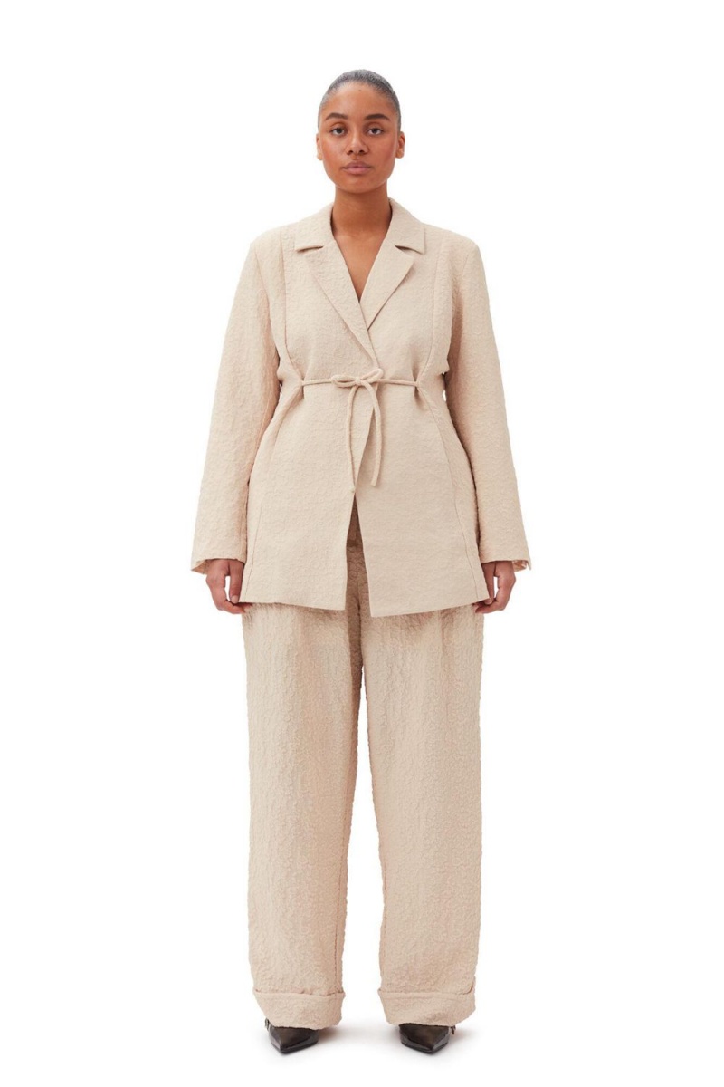 Beige Women's Ganni Textured Suiting Tie String Blazer | 64JTYMPWS