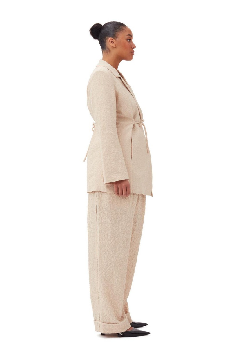 Beige Women's Ganni Textured Suiting Tie String Blazer | 64JTYMPWS