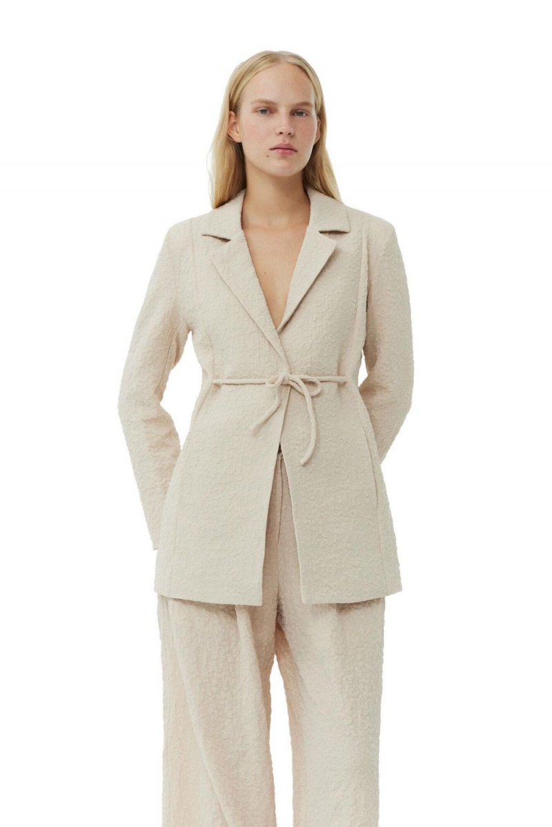 Beige Women\'s Ganni Textured Suiting Tie String Blazer | 64JTYMPWS