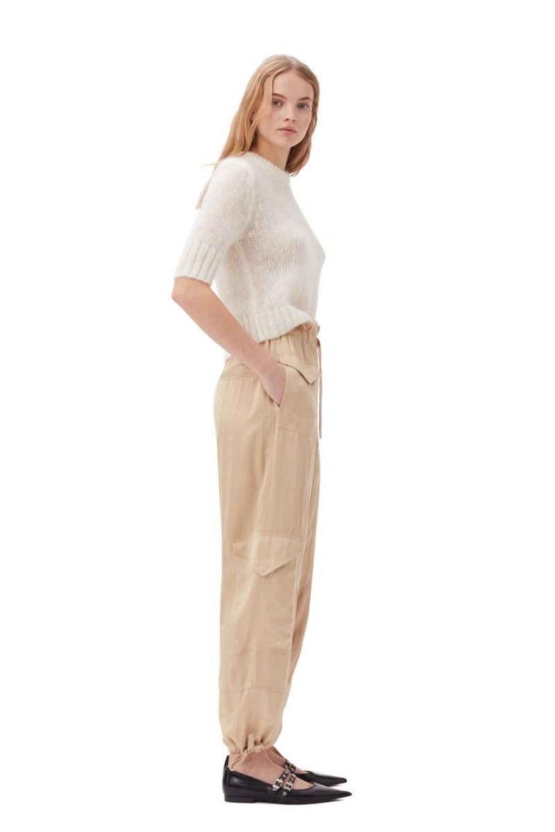 Beige Women's Ganni Washed Satin Pocket Pants | 07CIGFSBO