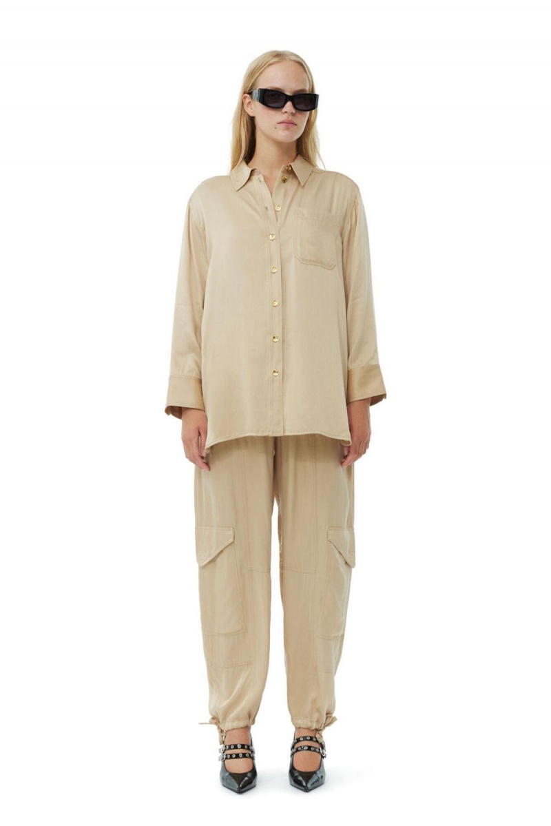 Beige Women's Ganni Washed Satin Shirts | 57PSXFZEO