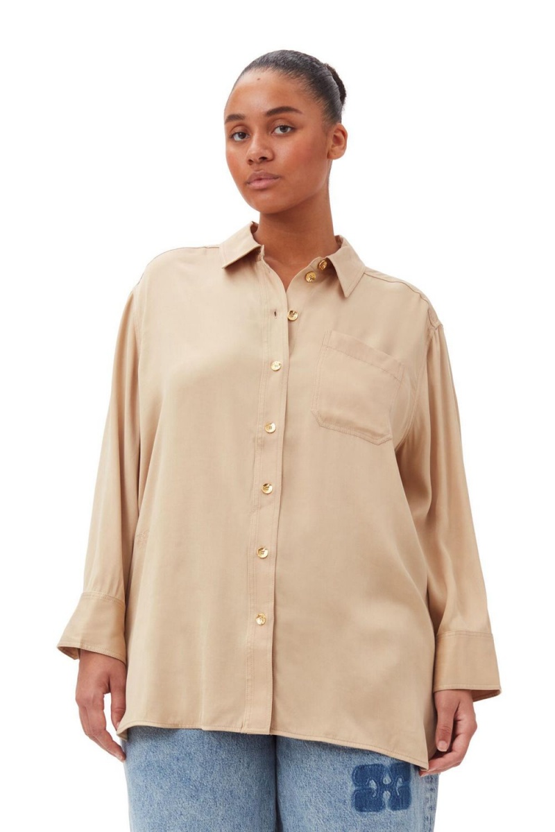 Beige Women's Ganni Washed Satin Shirts | 57PSXFZEO