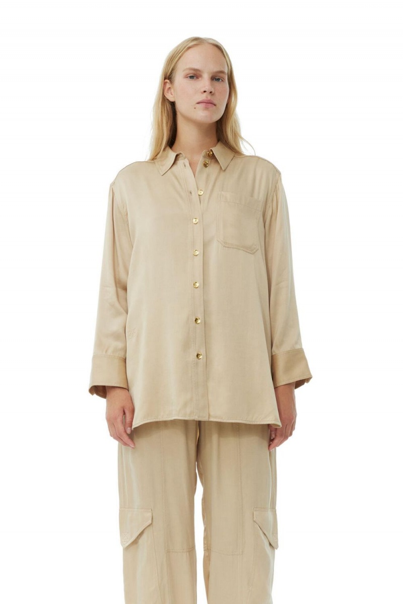 Beige Women\'s Ganni Washed Satin Shirts | 57PSXFZEO