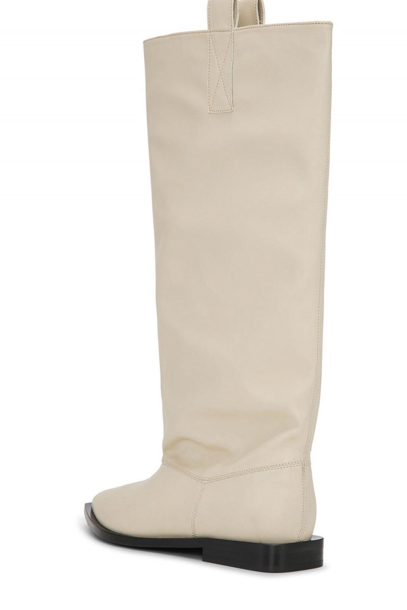 Beige Women's Ganni Western Loose Flat Tubular Boots | 42RBPVCJK