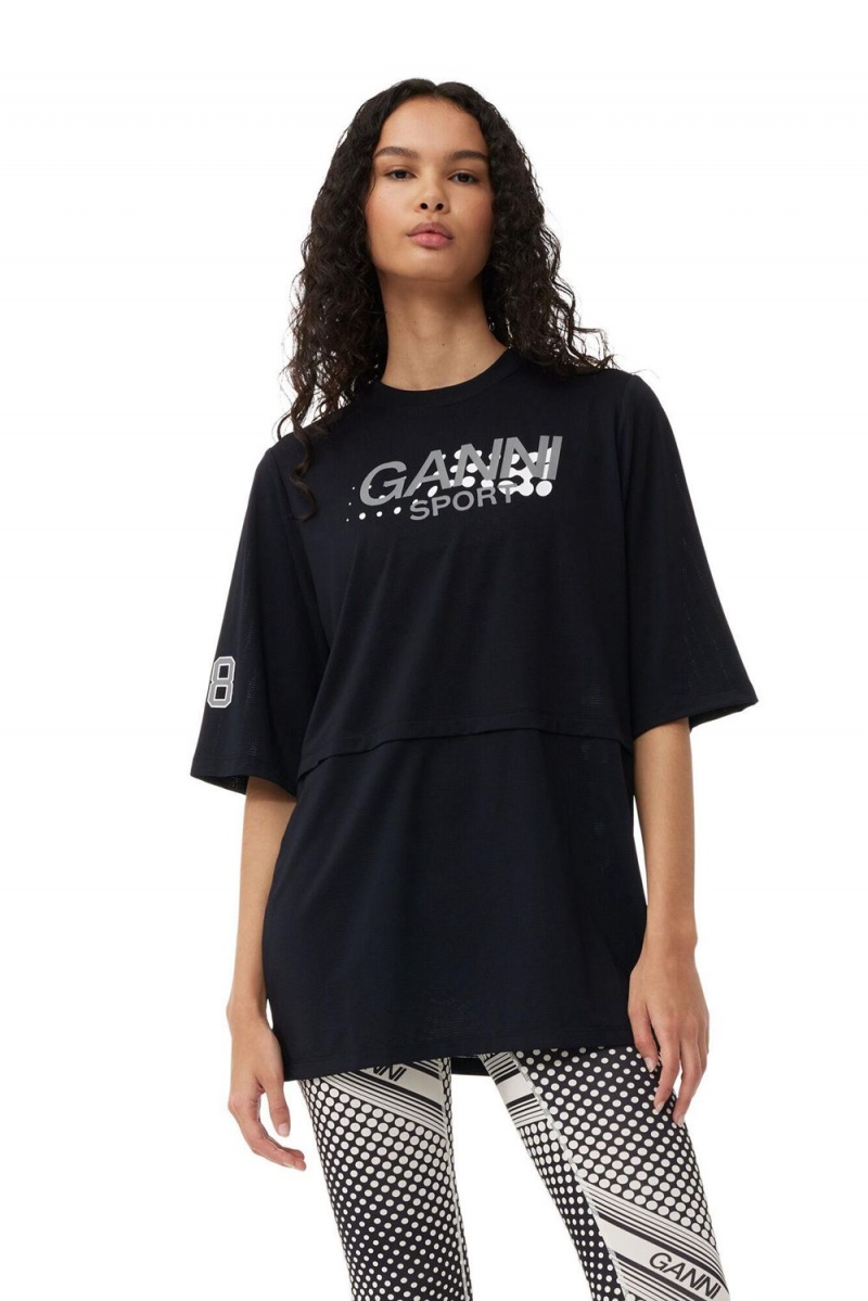 Black Women\'s Ganni Active Mesh Layered T-Shirt | 25NMGLFKA