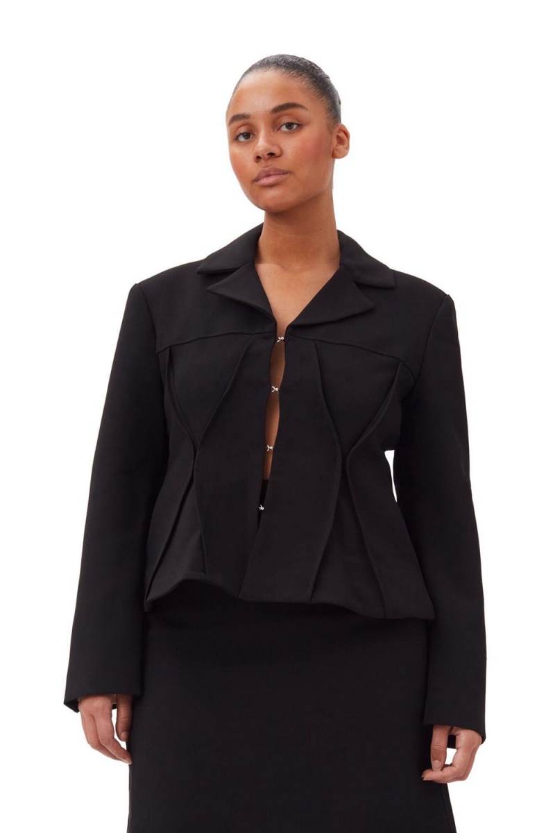 Black Women's Ganni Bonded Crepe Fitted Blazer | 65LKIZAOU